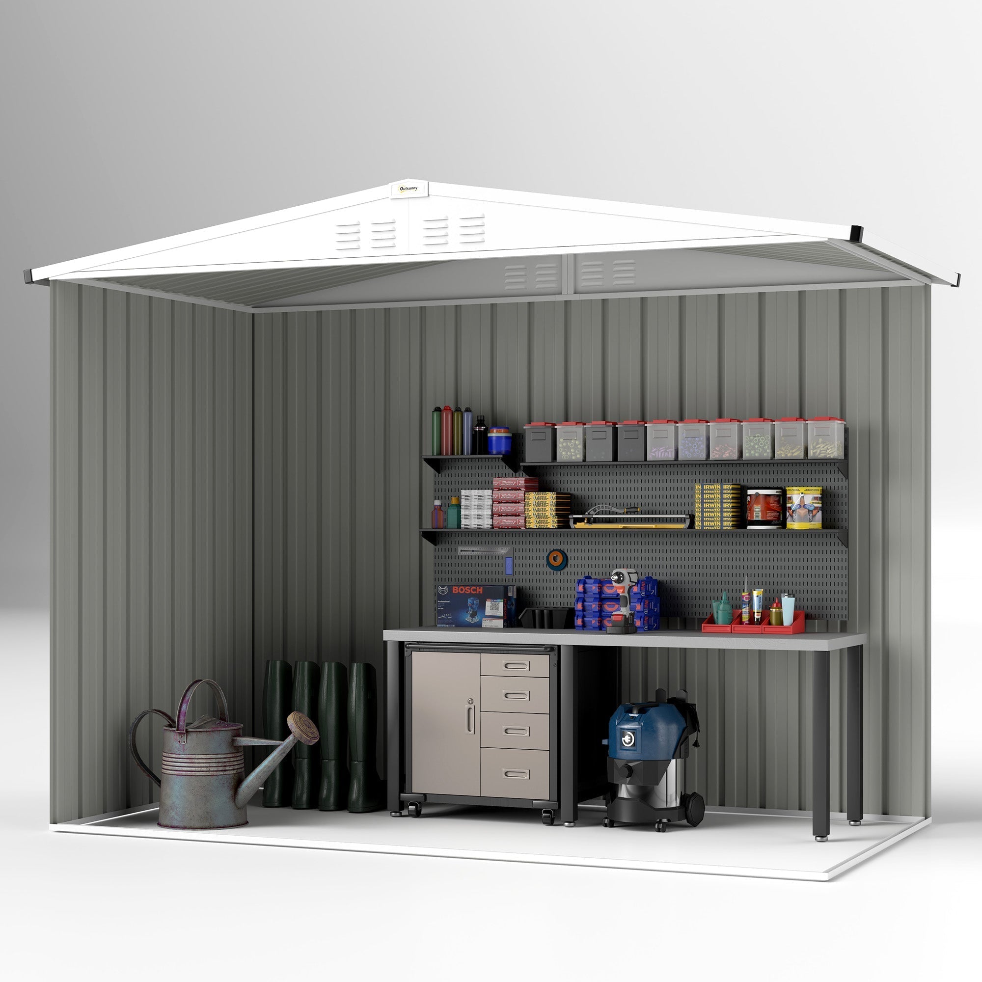 Gray galvanised steel garden shed with white roof and organized workbench interior for tool storage