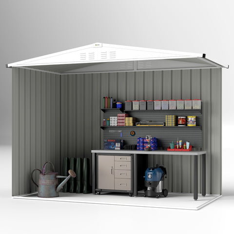 Gray galvanised steel garden shed with white roof and organized workbench interior for tool storage