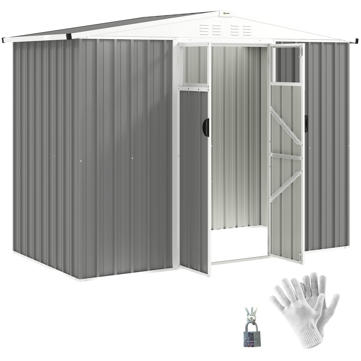 Gray galvanised steel garden shed with white trim, small side window, and lockable door for storage needs