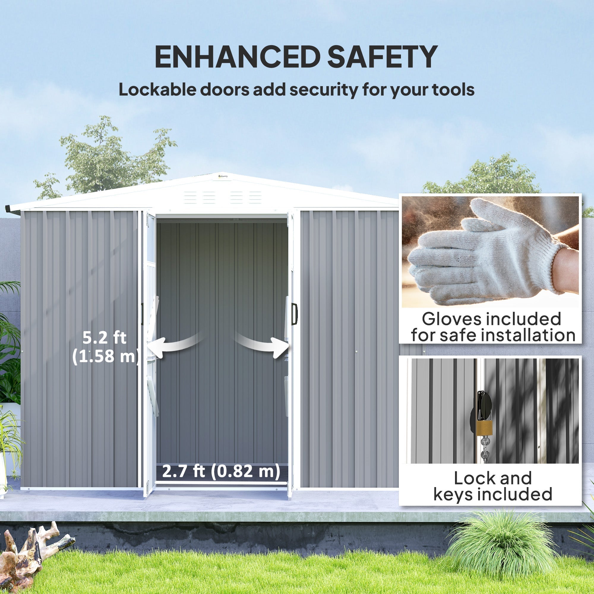 Gray galvanised steel garden shed with white roof lockable doors and vents for secure storage shed use