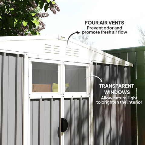 White and gray galvanised steel garden shed with transparent windows, 4 vents, and lockable door for storage use
