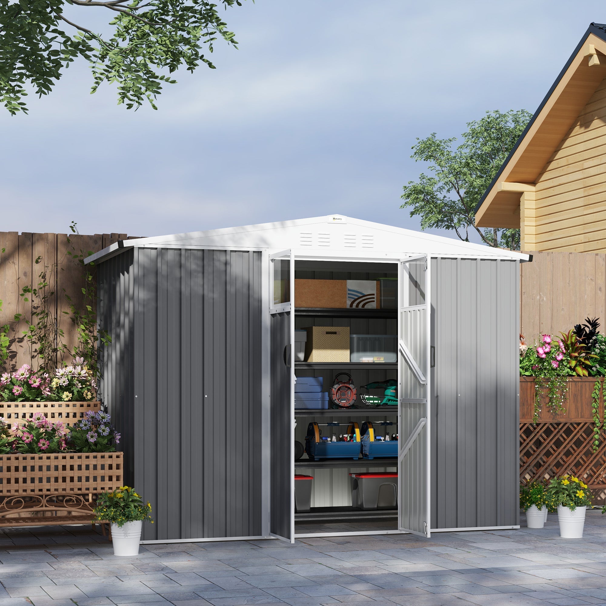 Gray outsunny garden shed made of galvanised steel with white roof and open doors showing organized storage shelves