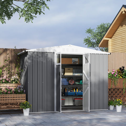 Gray outsunny garden shed made of galvanised steel with white roof and open doors showing organized storage shelves