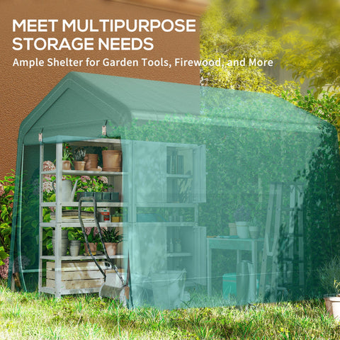 Green translucent plastic outsunny 8 x 6.5 ft garden storage shed with metal frame and shelving inside for garden tools