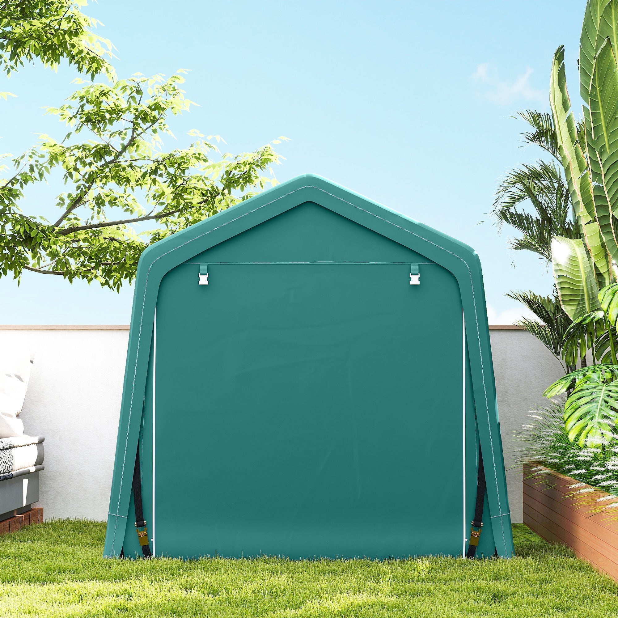 Teal green fabric garden storage shed with peaked roof and reinforced side panels for outdoor storage