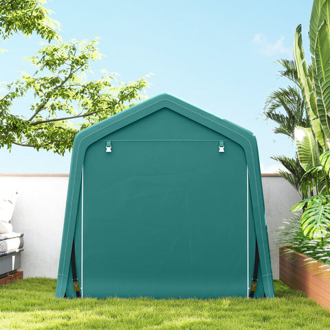 Teal green fabric garden storage shed with peaked roof and reinforced side panels for outdoor storage