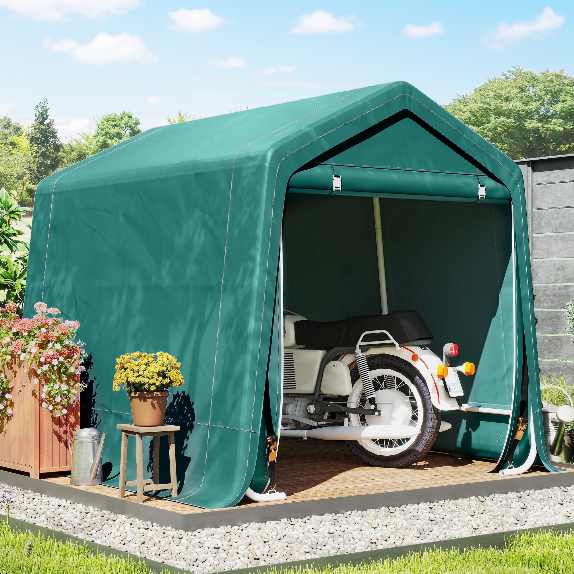 Teal green fabric garden storage shed with white metal frame and double roll-up door for outdoor garden tools