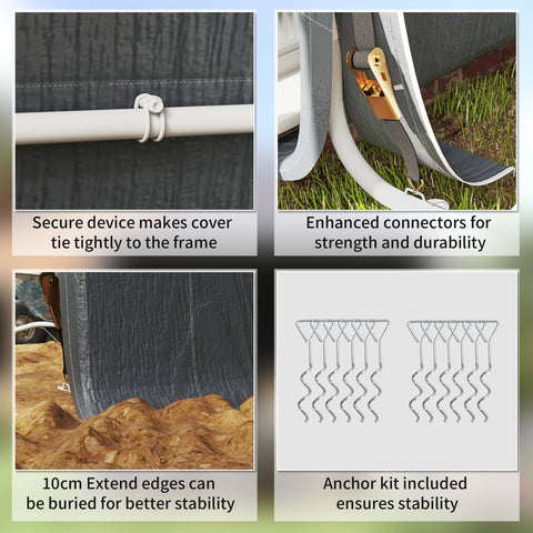 White plastic tie-down clips and metal stakes securing dark gray outsunny garden storage shed fabric cover