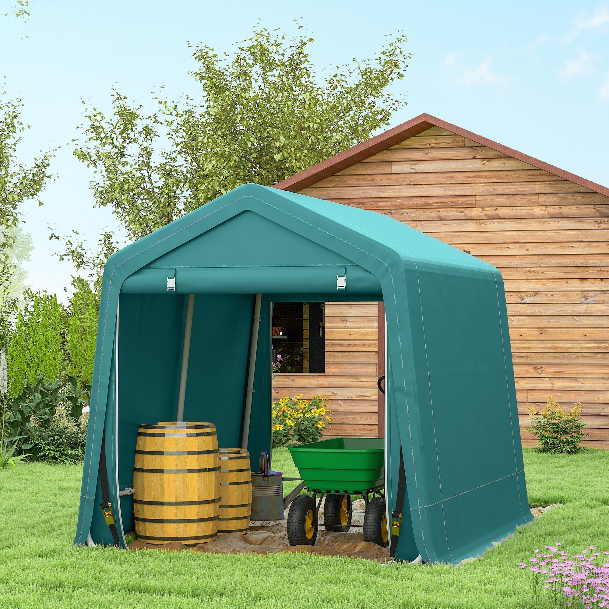 Teal green outdoorsy garden storage shed with double roll-up doors showing barrels and wheelbarrow inside