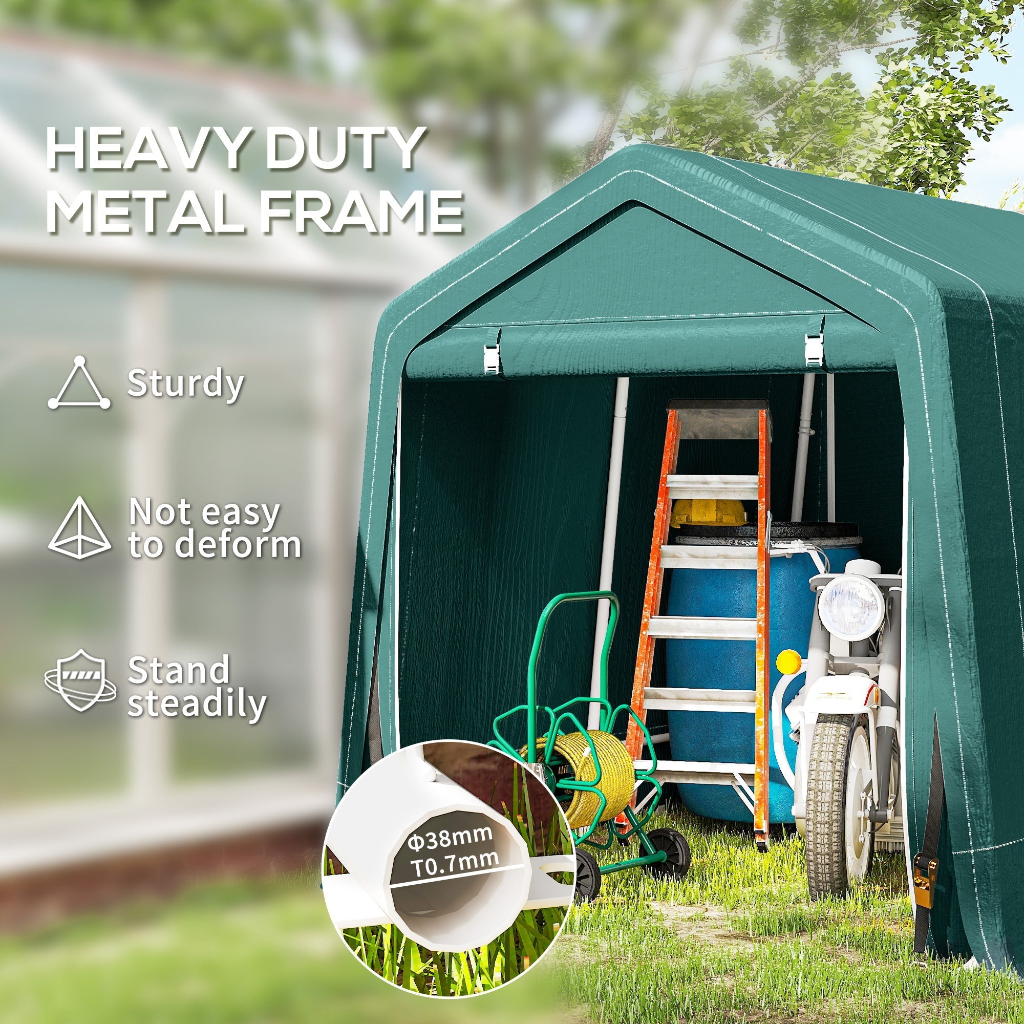 Outsunny 8 x 6.5 ft green garden storage shed with dark green metal frame and durable fabric cover for garden storage