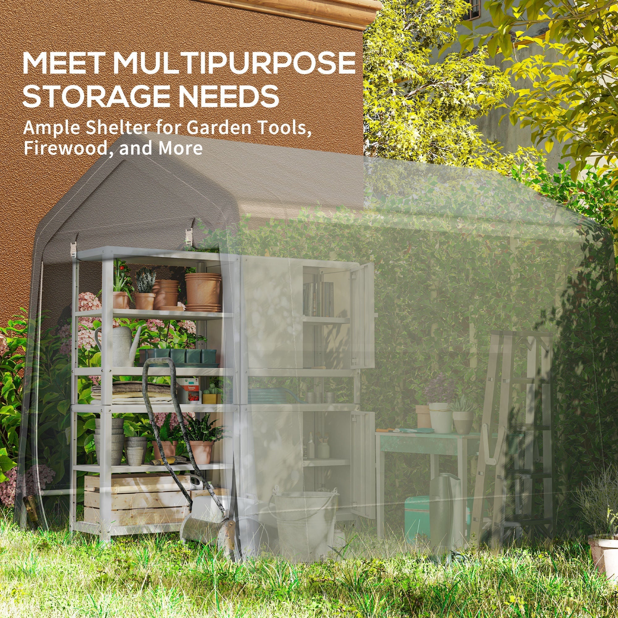 Gray translucent plastic outsunny garden storage shed with metal frame and shelving units for garden tools storage