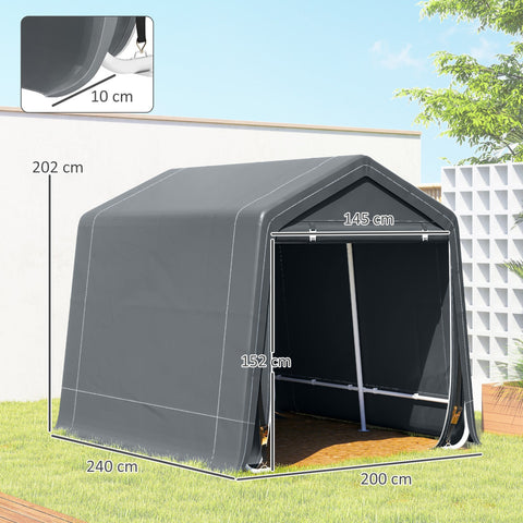 Dark gray durable fabric garden storage shed with peaked roof and reinforced frame for outdoor storage use