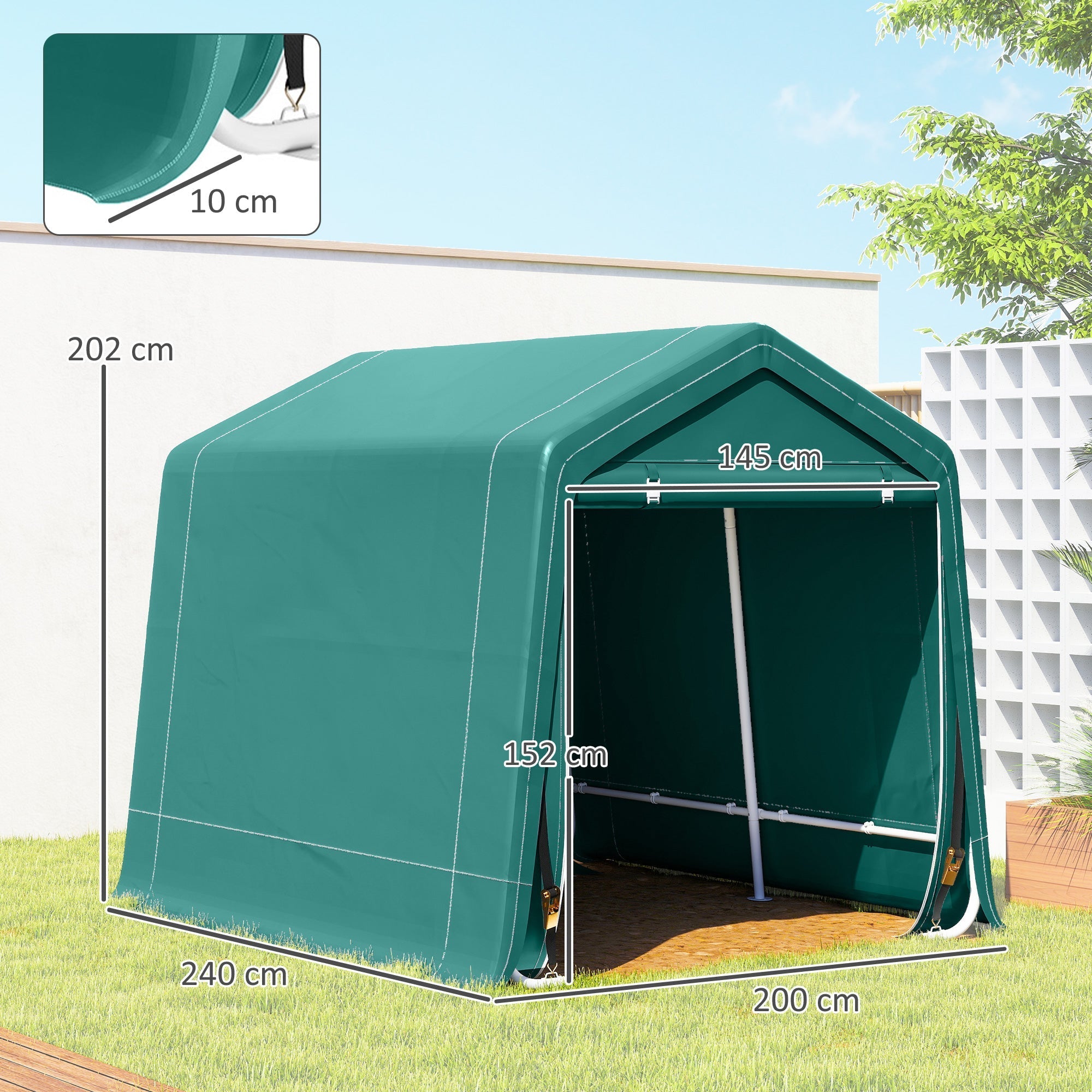 Teal green fabric garden storage shed with white metal frame and measurements for outdoors by outsunny