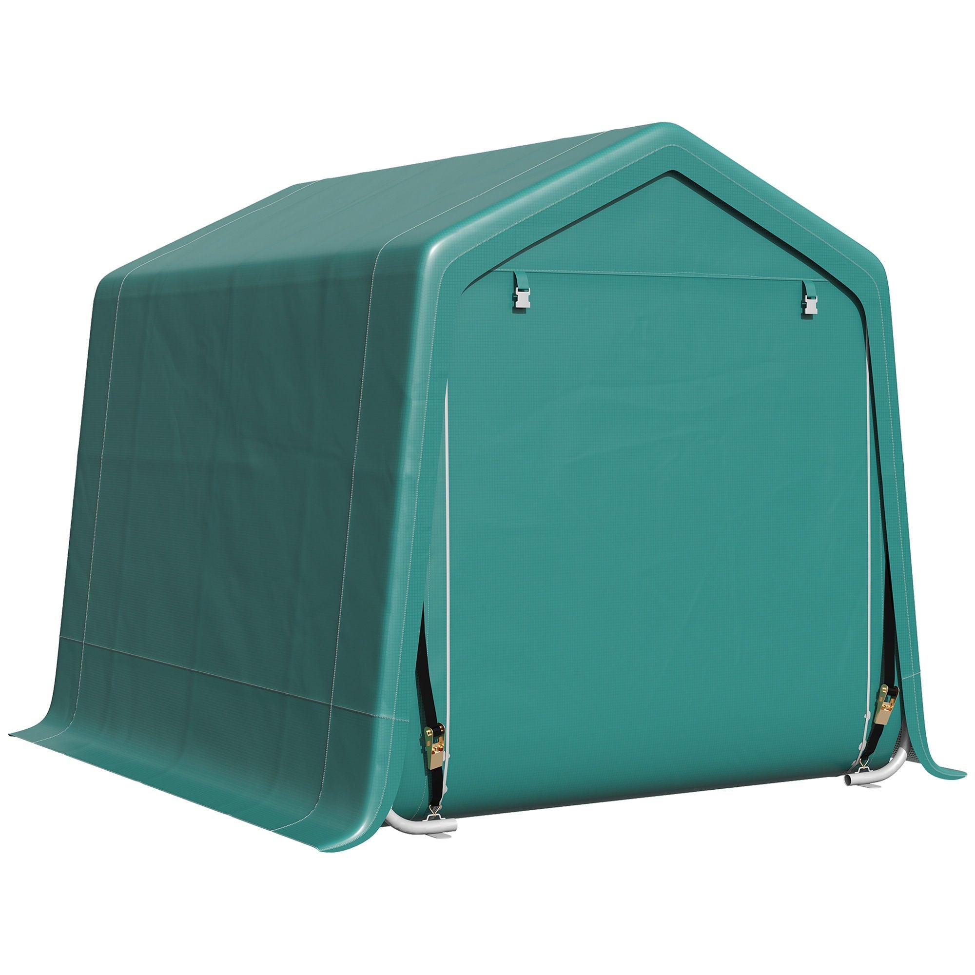 Teal green fabric canopy storage shed with peaked roof and side walls for outdoor garden storage and bike protection