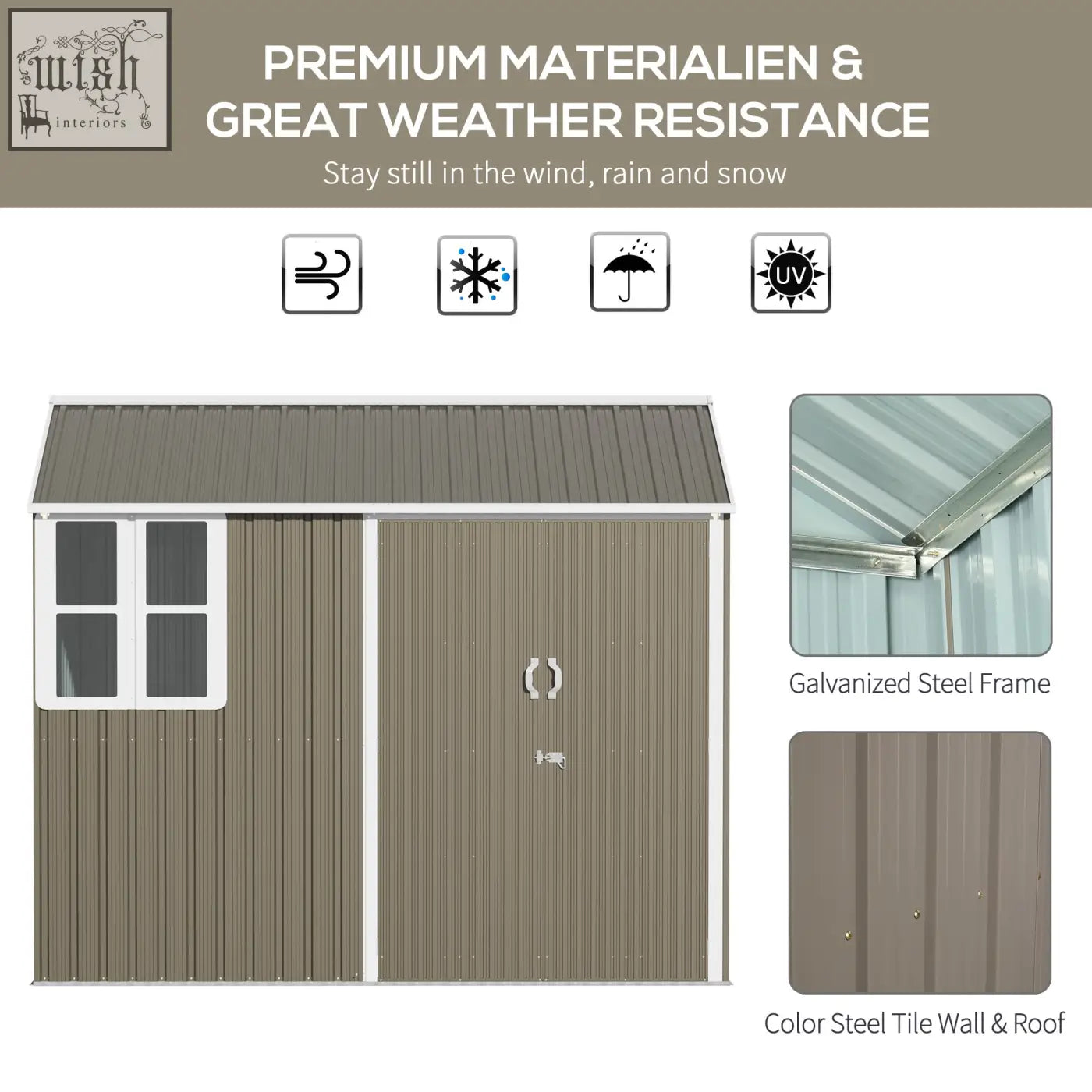 Brown steel garden shed with corrugated walls, white trim, two doors, and air vents for outdoor storage