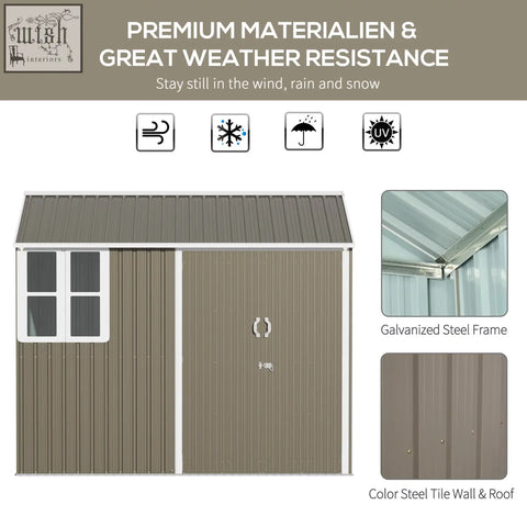 Brown steel garden shed with corrugated walls, white trim, two doors, and air vents for outdoor storage