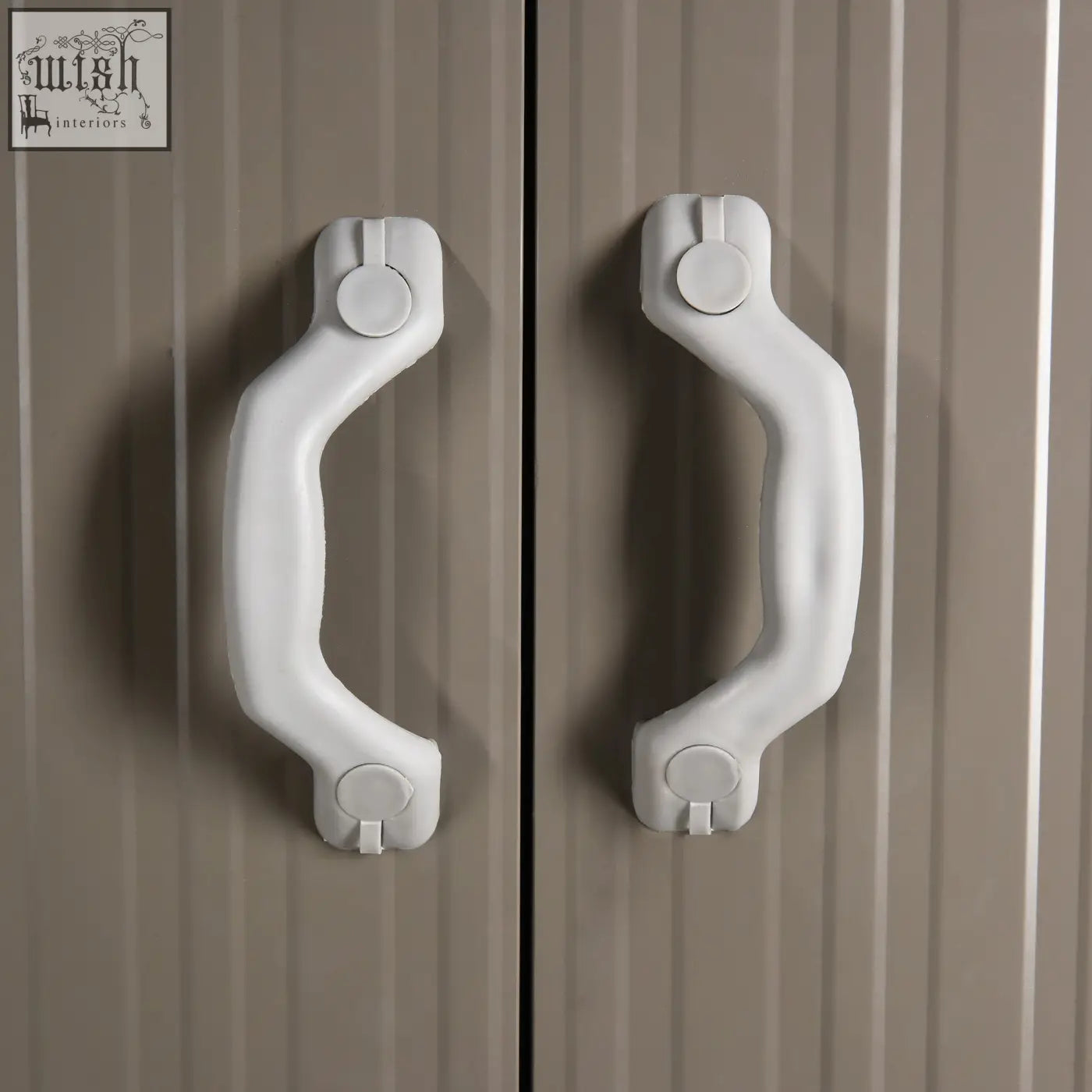 White plastic child safety handles with ergonomic locking on outsunny grey metal garden shed with two doors and air vents