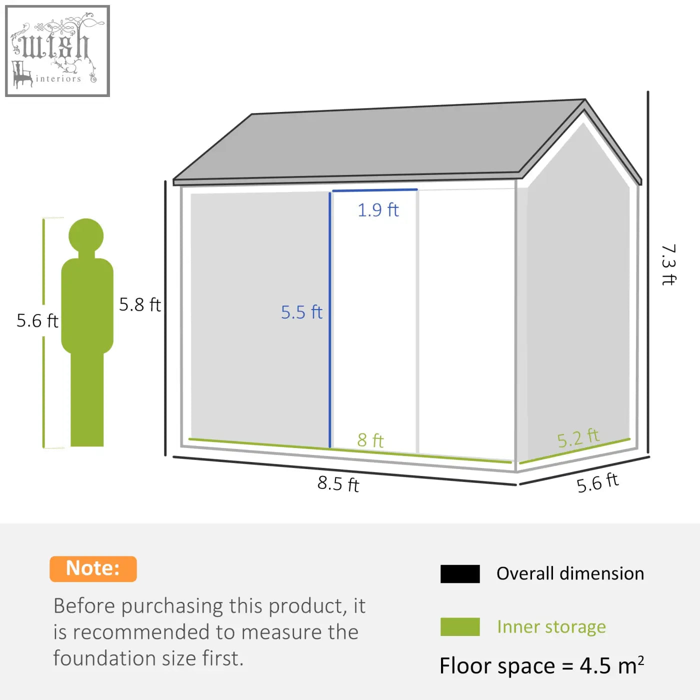 Gray and white galvanized garden shed with two doors and air vents measuring 8.5 by 7.3 ft for outdoor storage