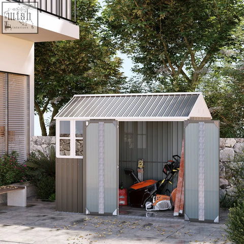 Gray outsunny 8x6 ft galvanized metal garden shed with two doors air vents white trim and side window for outdoor storage