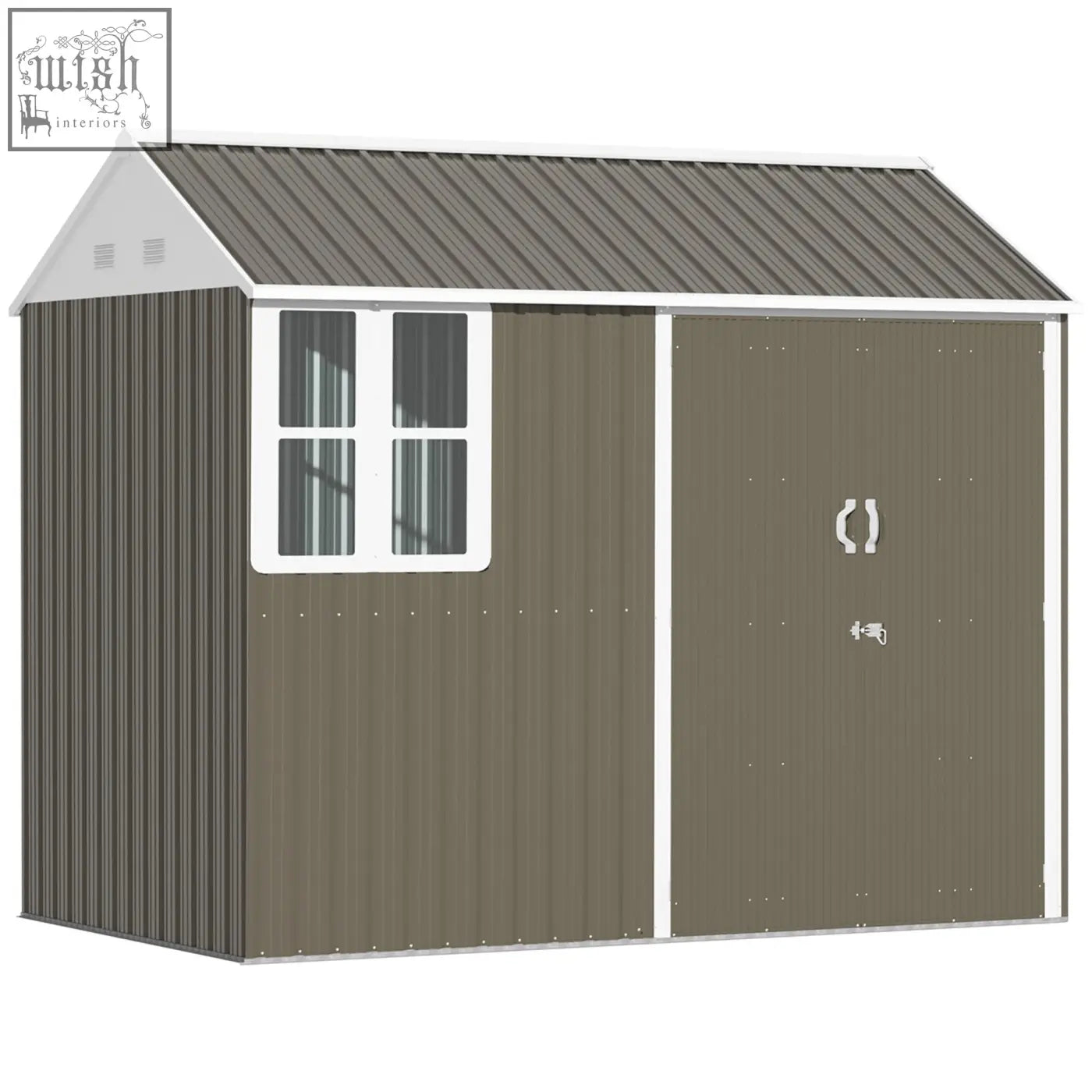 Brown metal garden shed with white trim, two doors, air vents, and a side window for outdoor storage and lawn use
