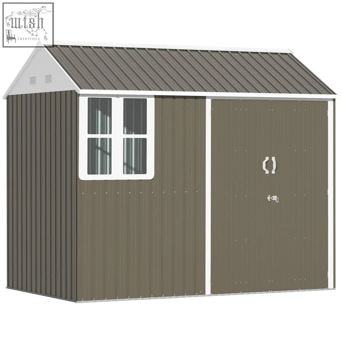 Brown metal garden shed with white trim, two doors, air vents, and a side window for outdoor storage and lawn use