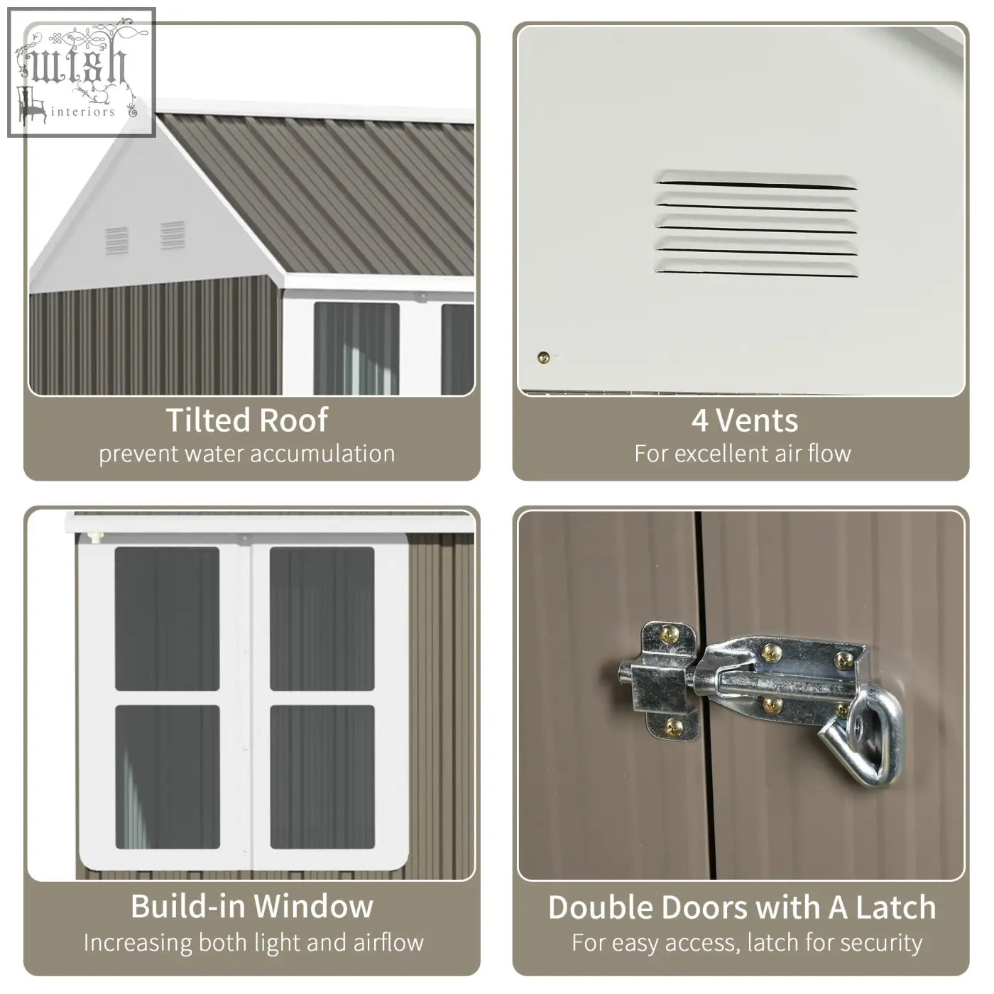 Brown plastic garden shed with two doors, four air vents, tilted roof, built-in window, and metal latch for storage