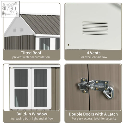 Brown plastic garden shed with two doors, four air vents, tilted roof, built-in window, and metal latch for storage