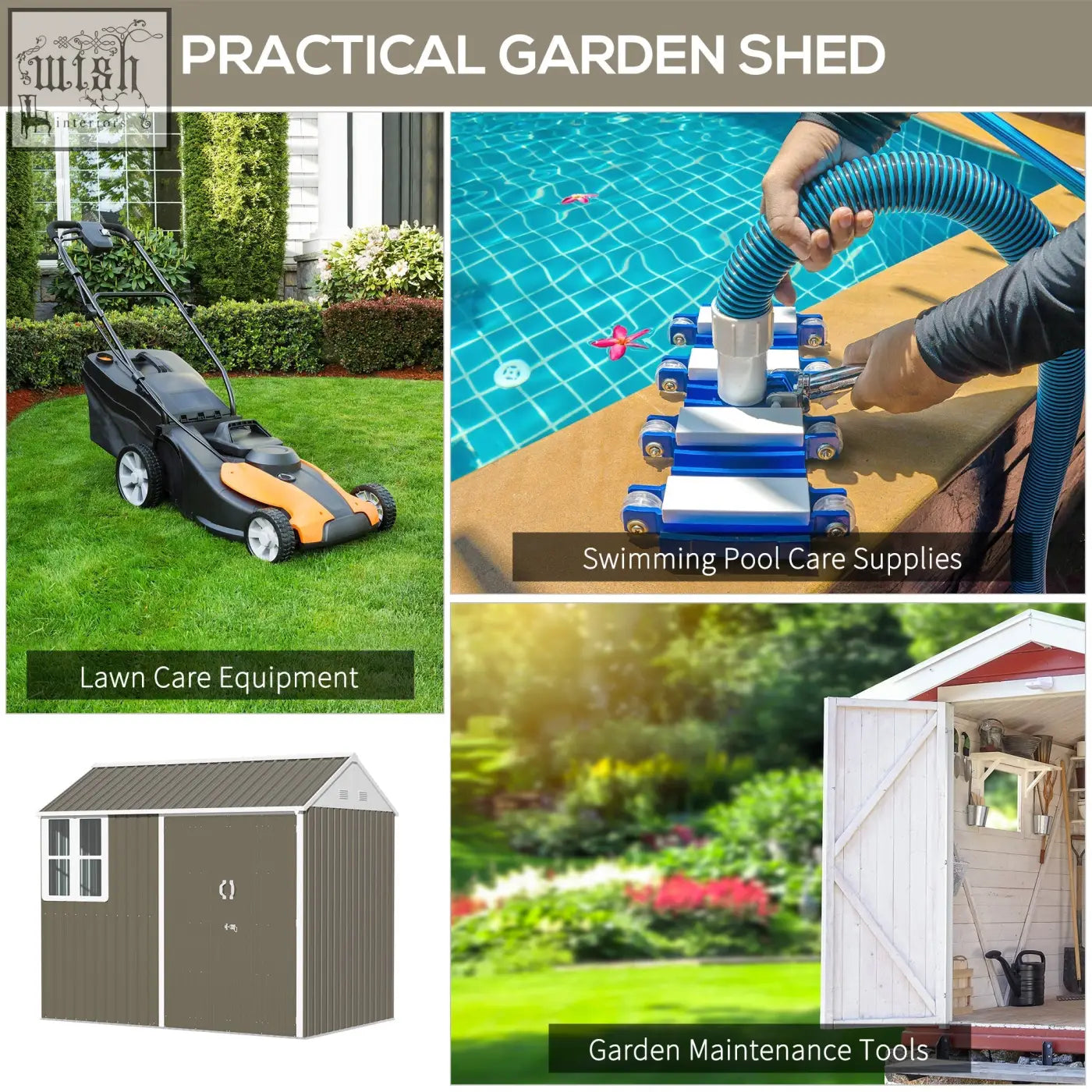 Brown metal garden shed with white trim and gabled roof featuring two doors and air vents for outdoor storage