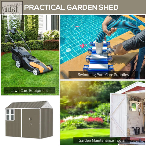 Brown metal garden shed with white trim and gabled roof featuring two doors and air vents for outdoor storage
