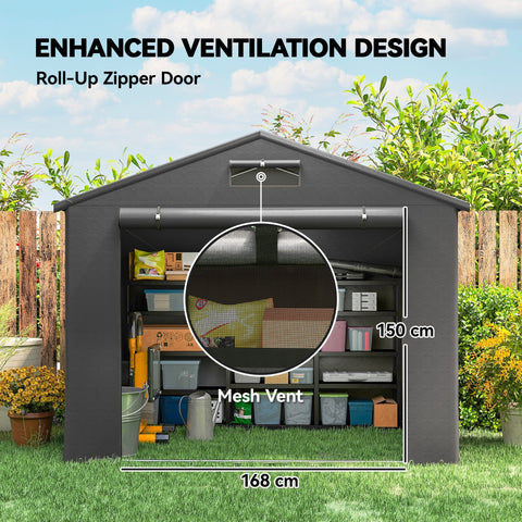 Outsunny black fabric outdoor garden storage shed with roll-up zipper door and mesh vent for garden storage