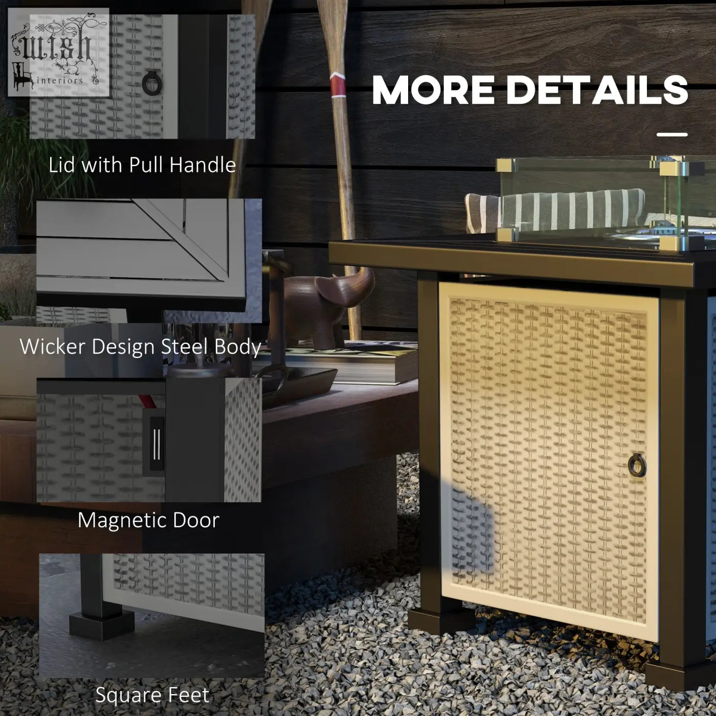 Beige wicker-patterned cabinet with black steel frame and magnetic door for outsunny 50,000 btu burner pit table propane tank storage