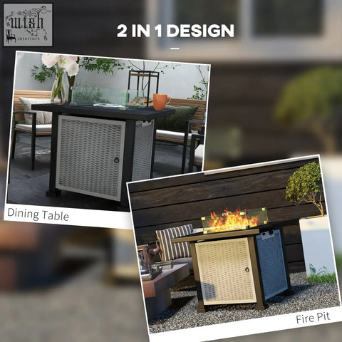 Outsunny grey black and beige wicker outdoor pit table with glass top and 50000 btu burner converts to fire pit