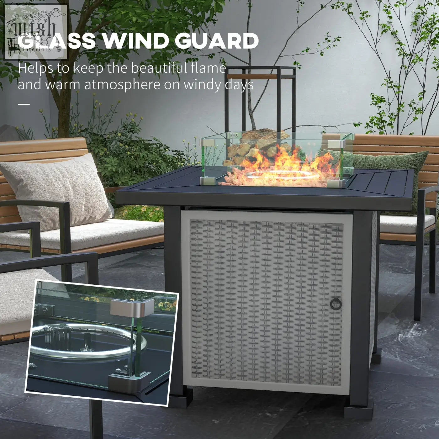 Outsunny 81 x 81cm black metal pit table with glass wind guard woven gray side panel and 50000 btu burner
