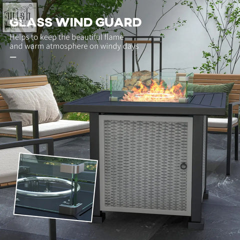 Outsunny 81 x 81cm black metal pit table with glass wind guard woven gray side panel and 50000 btu burner