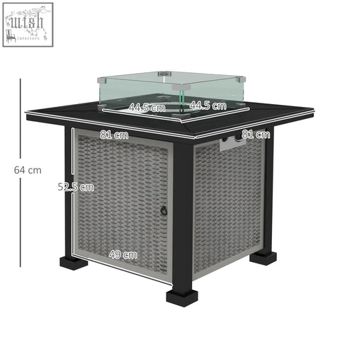 Outsunny grey black and gray wicker pit table with glass top and 50000 btu burner for propane tank use