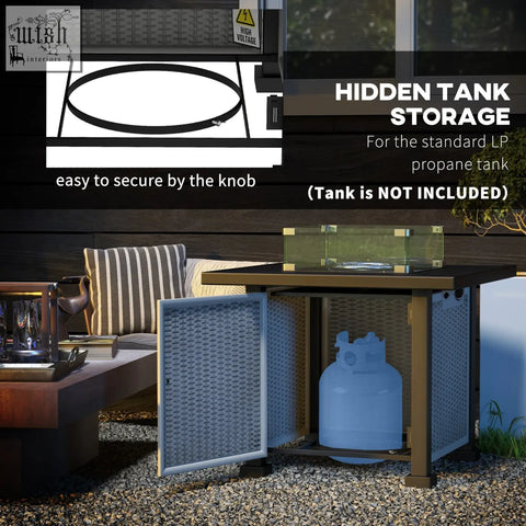 Outsunny grey wicker outdoor pit table with hidden storage housing a light blue propane tank and 50000 btu burner