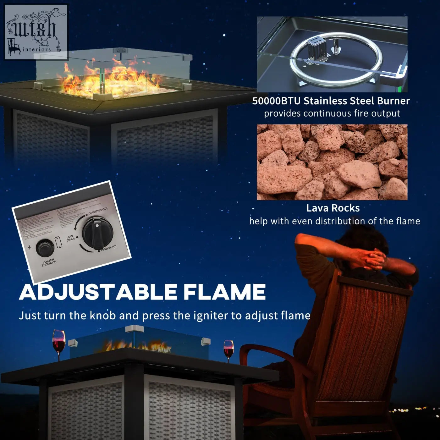 Outsunny grey 81 x 81cm pit table with stainless steel btu burner, glass enclosure, lava rocks, and propane tank setup