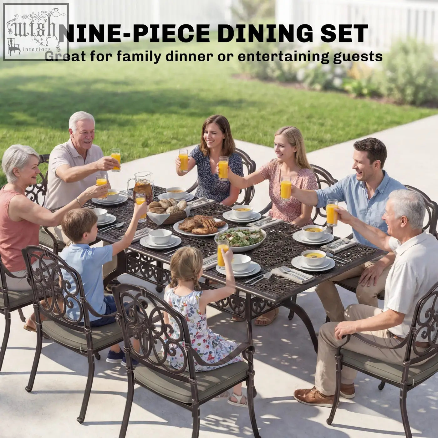 Outsunny 9 piece cast aluminium garden dining set with black wrought iron look, bronze tone, cushions, and parasol hole