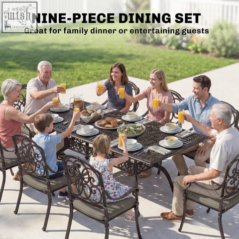 Outsunny 9 piece cast aluminium garden dining set with black wrought iron look, bronze tone, cushions, and parasol hole