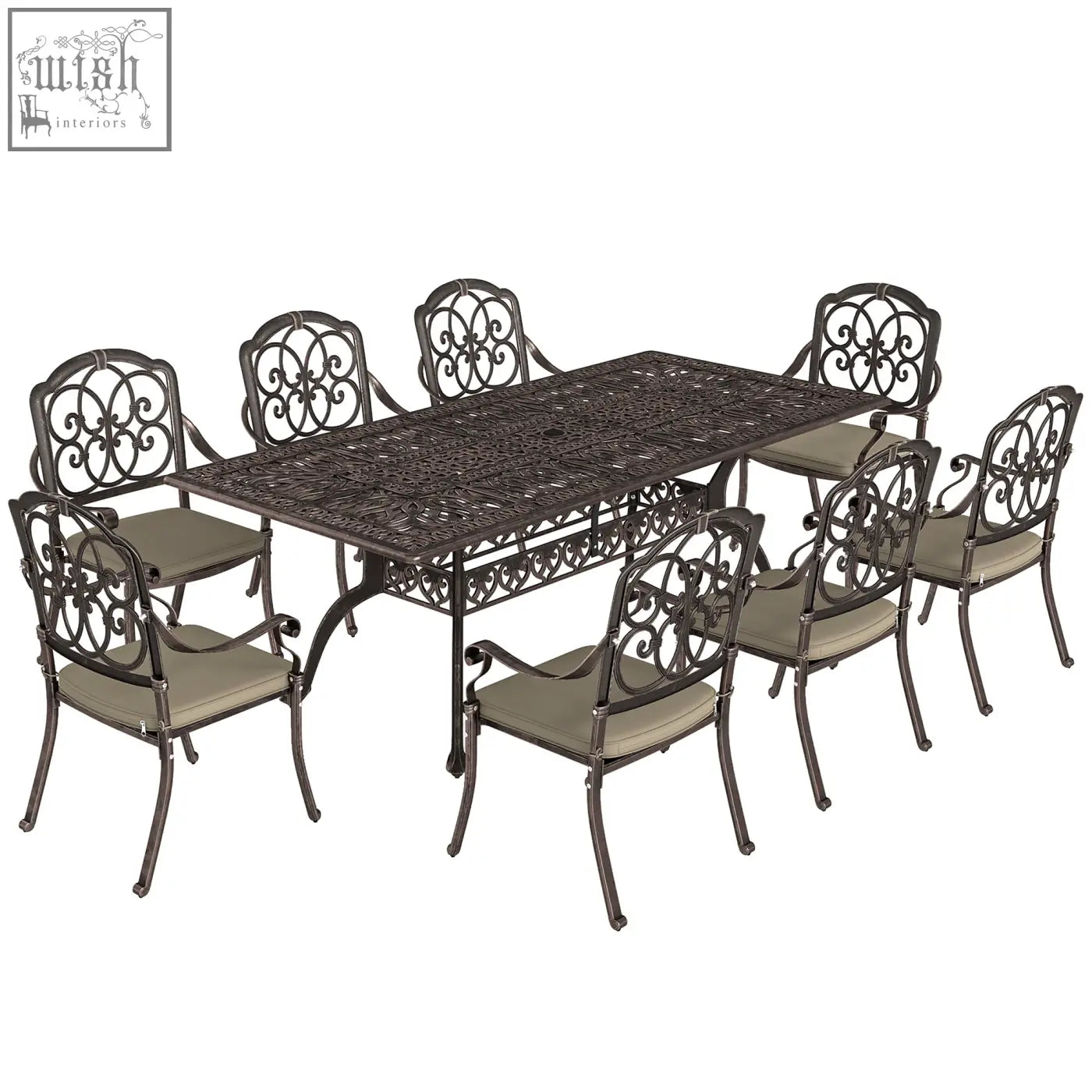 Dark bronze cast aluminium garden dining set with ornate scrollwork beige cushioned seats and parasol hole