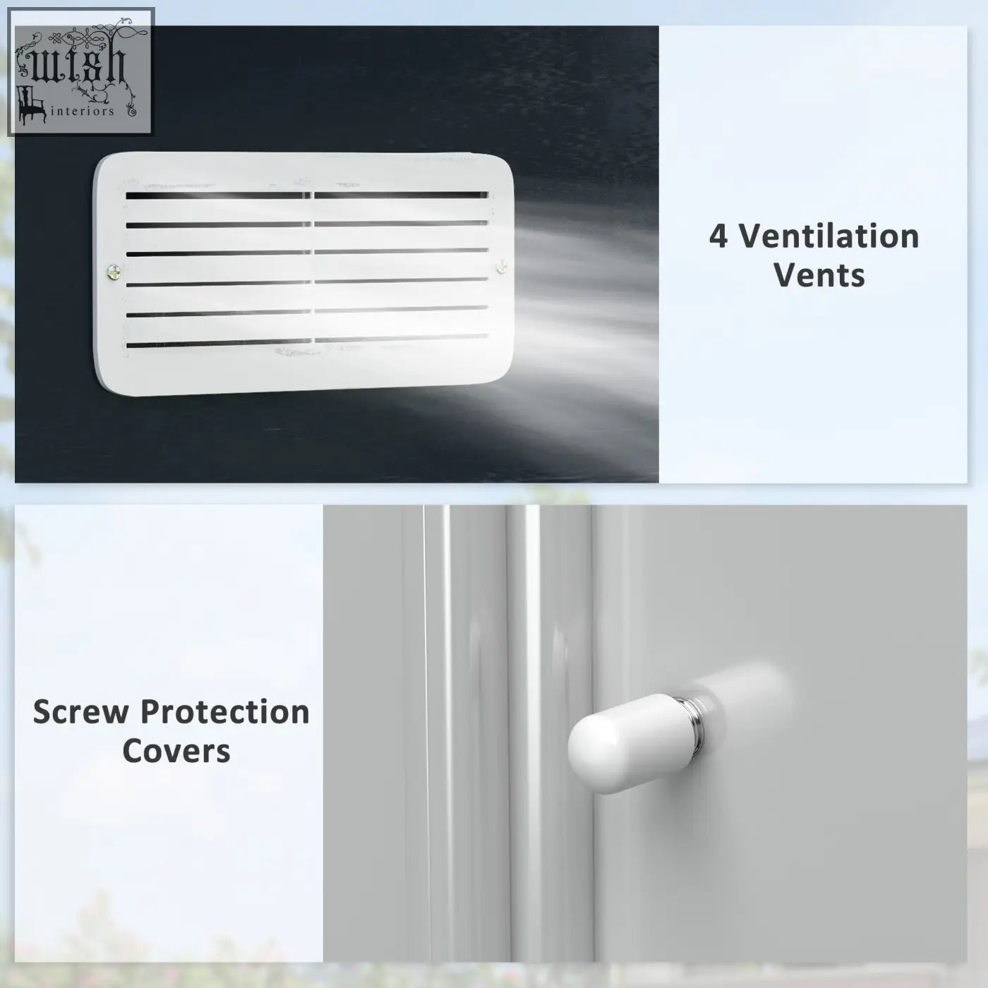 White rectangular ventilation cover with screw protection on the back of dark grey galvanised steel outsunny garden shed with foundation kit and lockable double doors