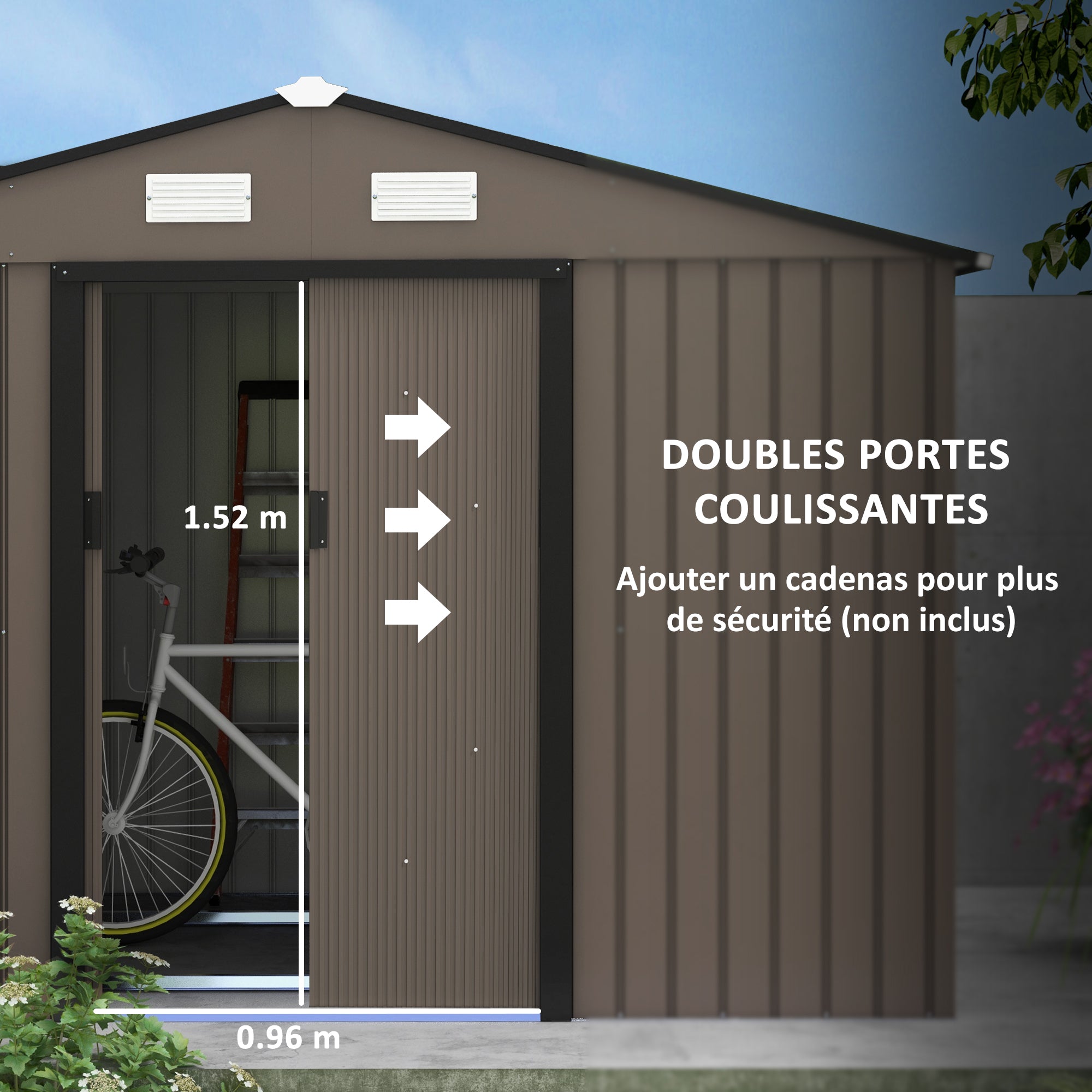 Brown galvanised steel outsunny garden shed with lockable double doors and foundation kit for outdoor storage