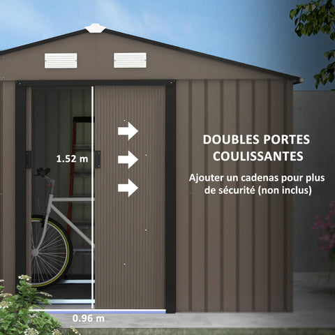 Brown galvanised steel outsunny garden shed with lockable double doors and foundation kit for outdoor storage