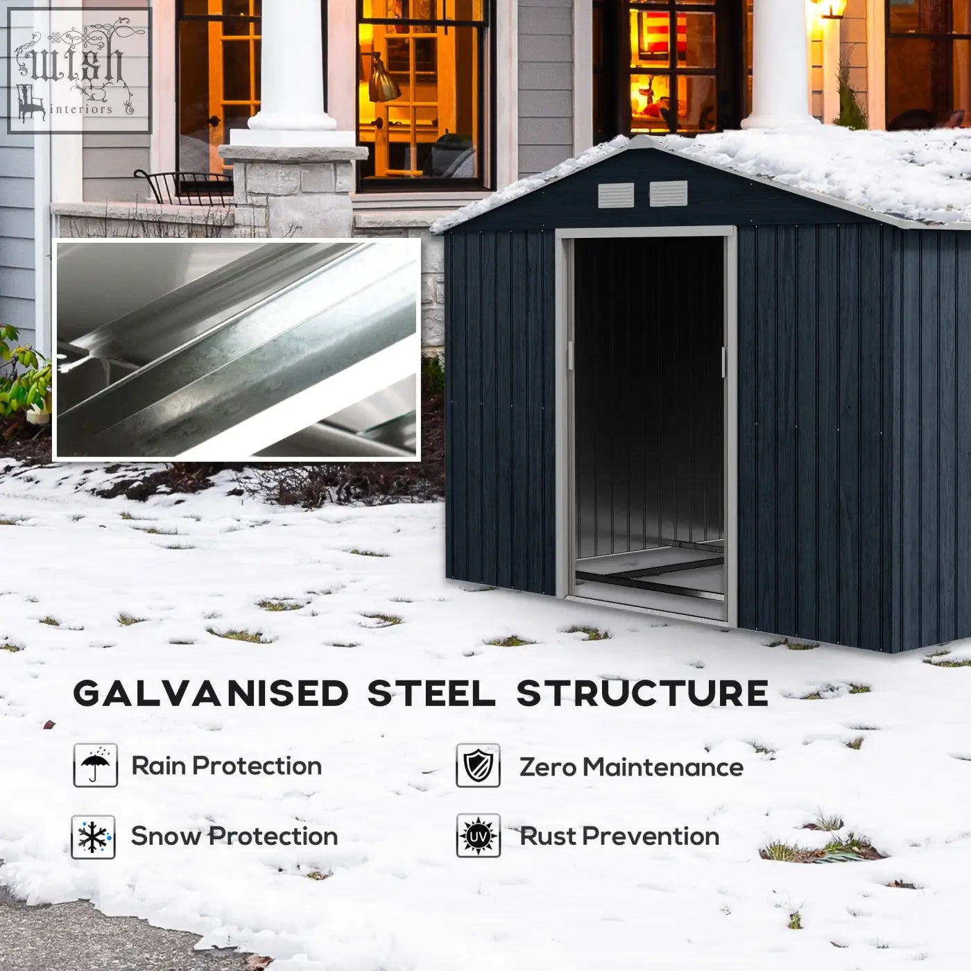 Dark blue outsunny 9 x 6ft garden shed made of galvanised steel with lockable double doors, foundation kit, and vented roof
