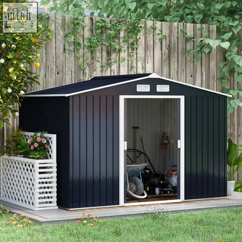 Dark navy outsunny 9x6ft metal garden shed with white trim lockable double doors galvanised steel and foundation kit