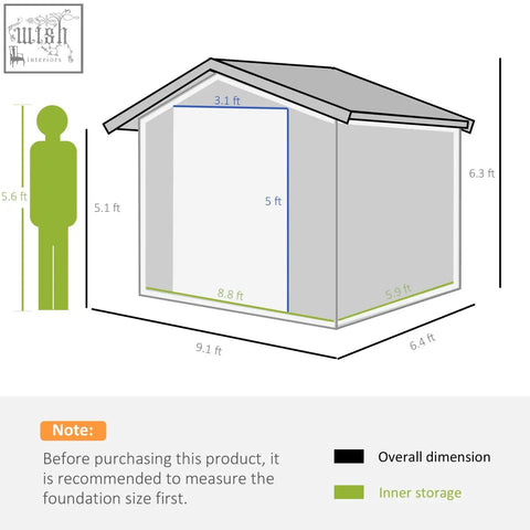 Gray wooden outsunny 9x6ft metal garden shed with lockable double doors, galvanised steel, foundation kit, and ventilation slots