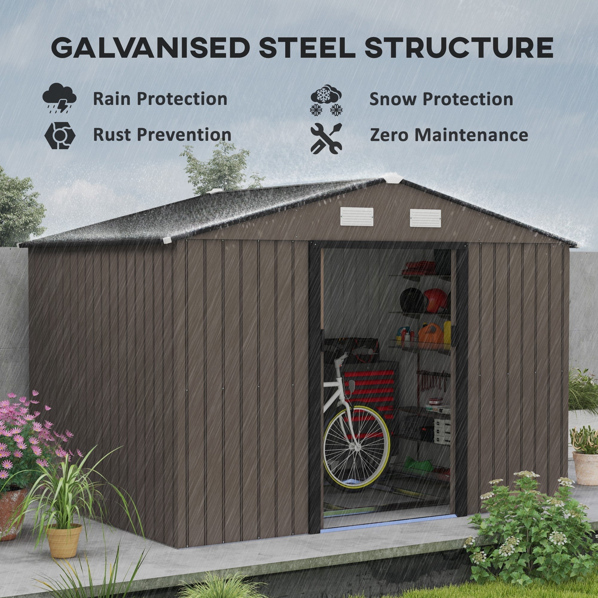 Brown outsunny 9 x 6ft garden shed made of galvanised steel with lockable double doors foundation kit and open door showing storage