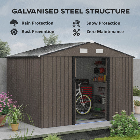 Brown outsunny 9 x 6ft garden shed made of galvanised steel with lockable double doors foundation kit and open door showing storage