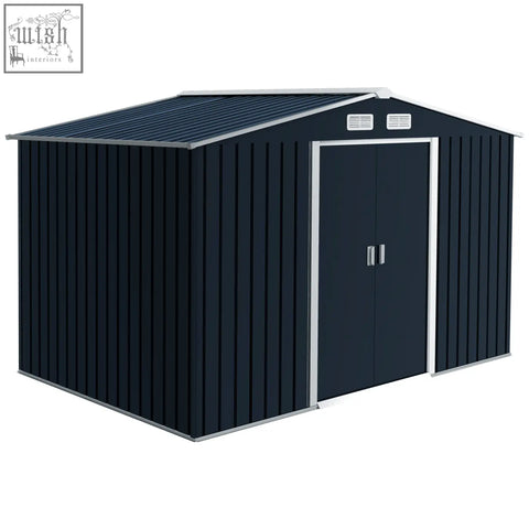 Dark navy galvanised steel garden shed with lockable double doors and foundation kit for outdoor storage