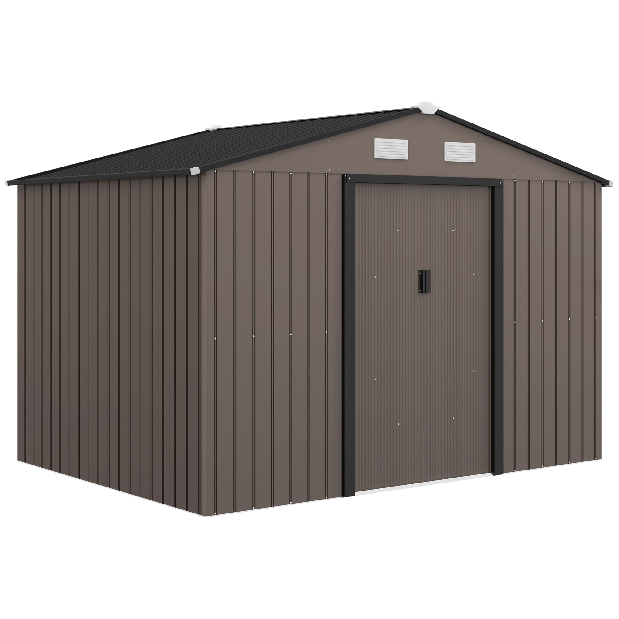 Brown galvanised steel outsunny garden shed with black roof lockable double doors and foundation kit for outdoor storage
